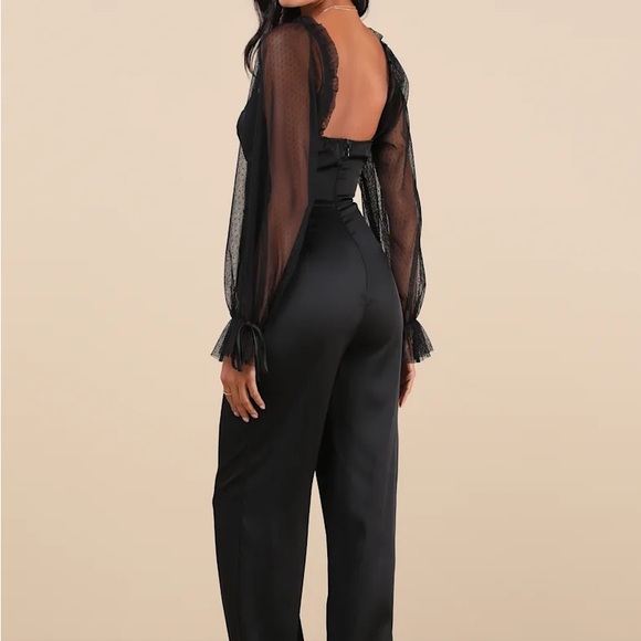 lulu’s Modern Black Satin Mesh Long Sleeve Bustier Jumpsuit - Picture 6 of 8